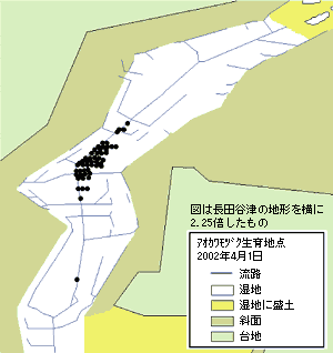 アオカワモヅク生育地点　2002年4月1日の図